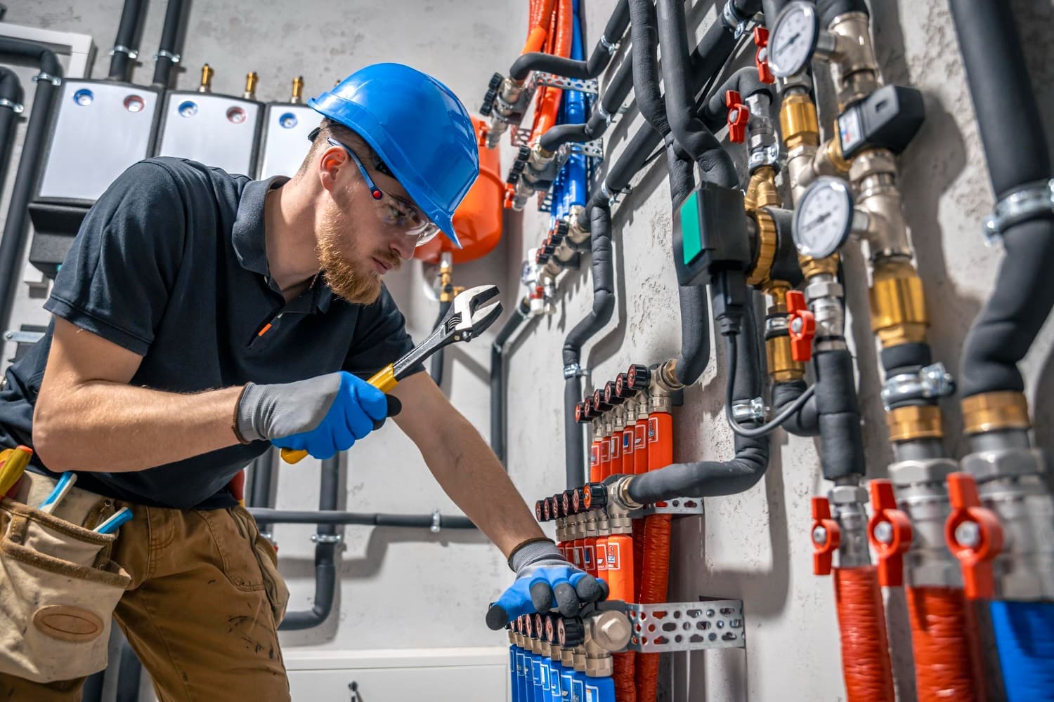 A repairman fixing piping.