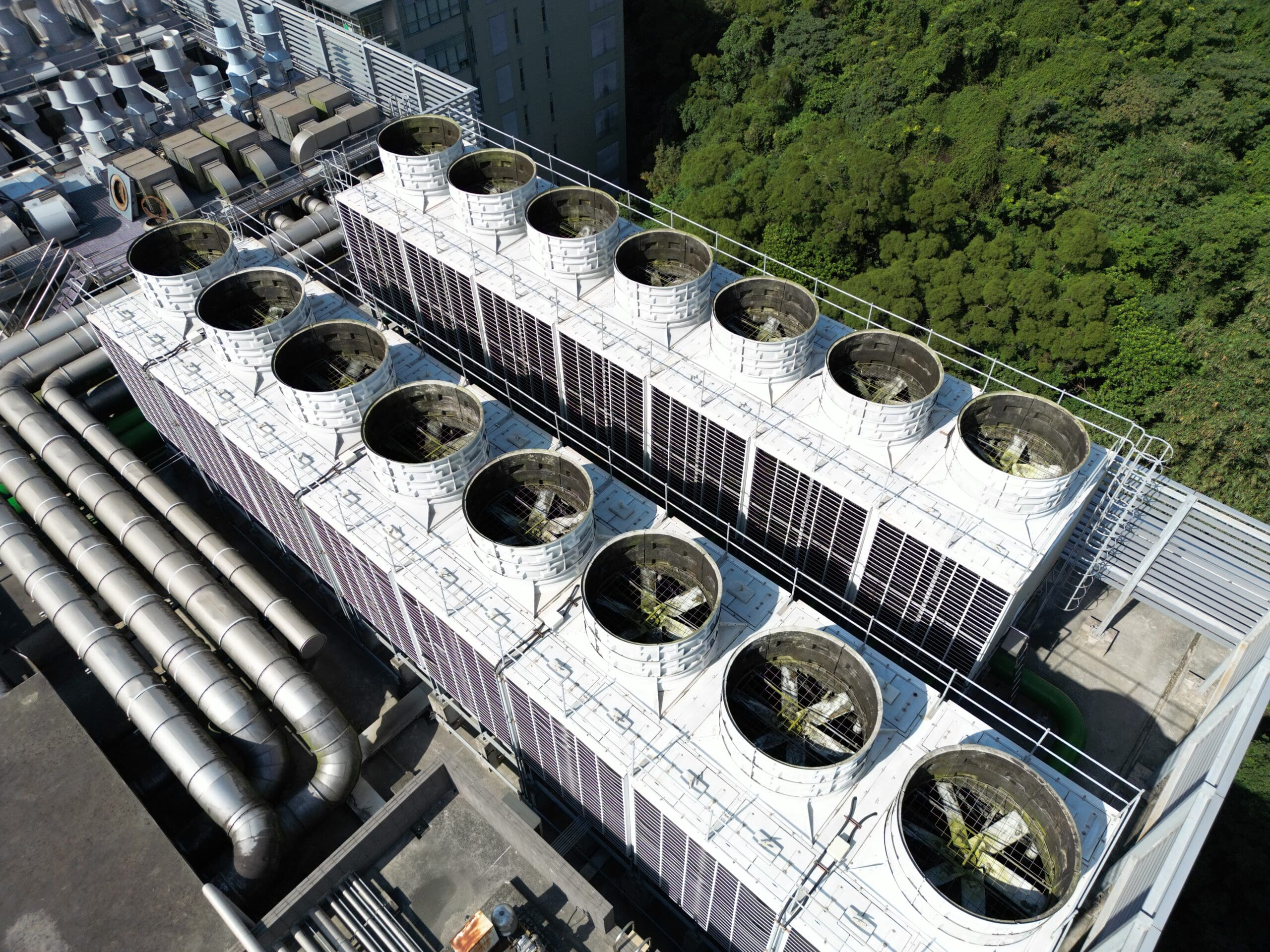 Aerial view of rooftop cooling towers